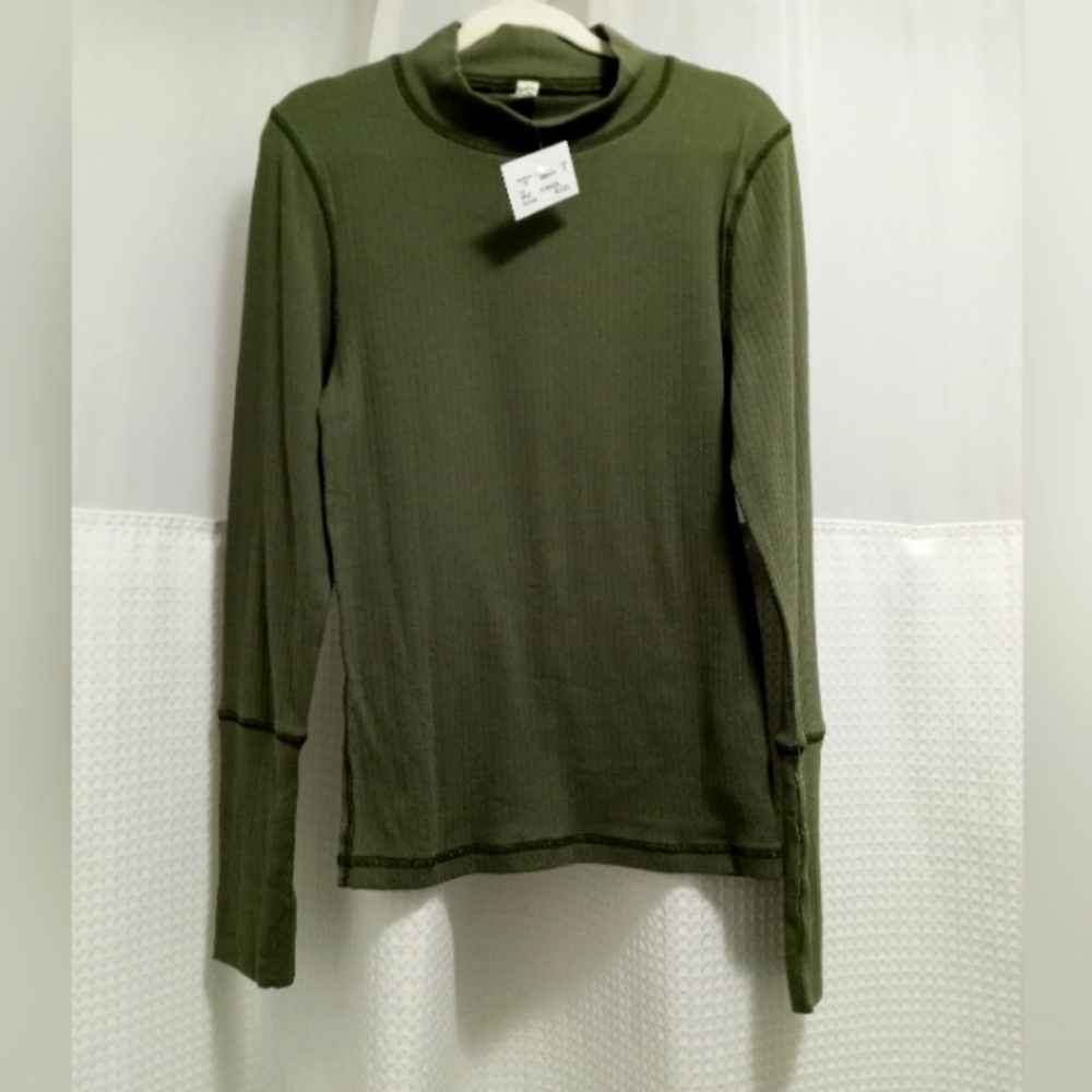 Free People Olive Green Ribbed Long Sleeve Tee